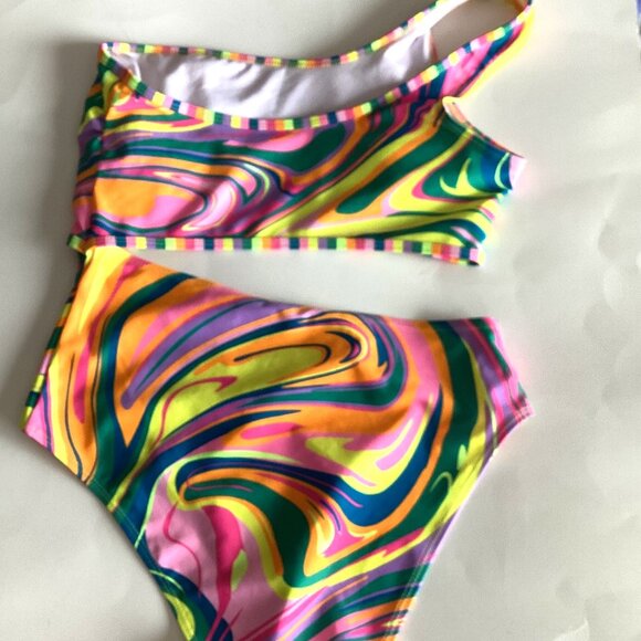 Women's One Piece Swimsuit Swirl Print Asymmetric Cutout Multicolor Abstract - Picture 5 of 7